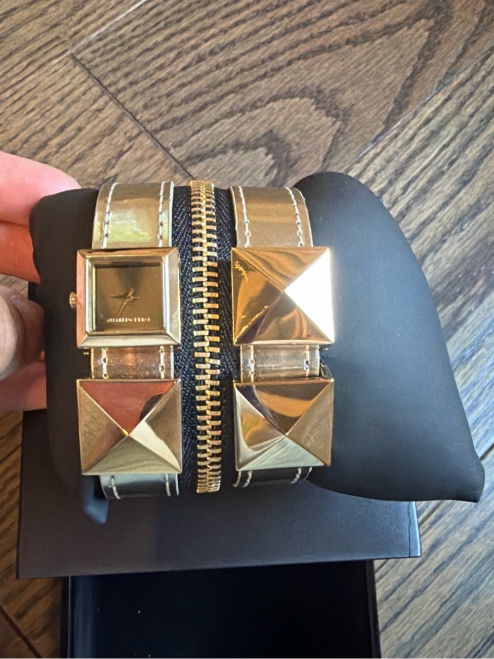 Karl Lagerfeld Studded Zip Gold Leather Watch New in Box Vintage